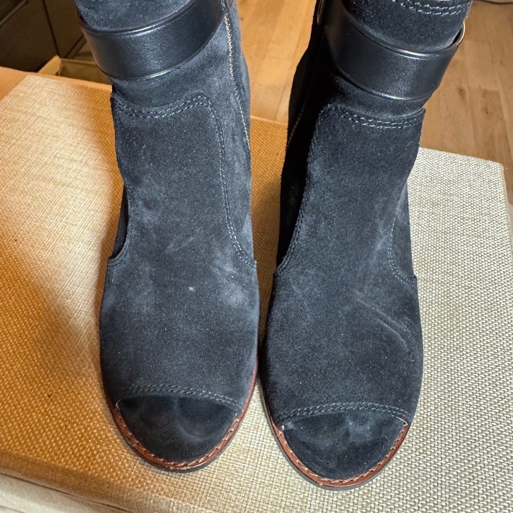 Coach Black Suede Ankle Boots with Gold Accent - Picture 3 of 4